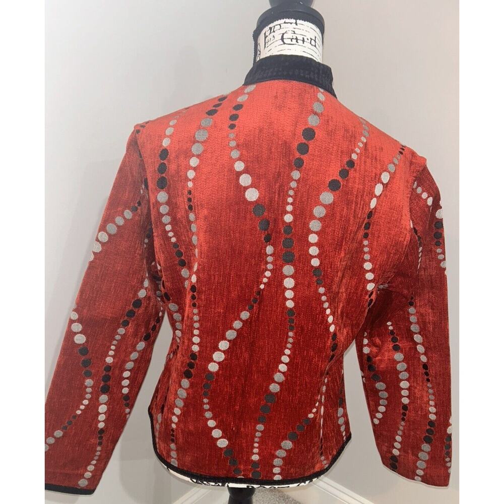 Khangura Statement Jacket Red Orange Novelty Circle Print Black Trim Career Wear - Picture 3 of 9